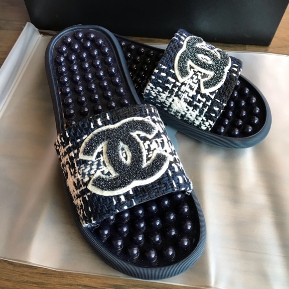 CHANEL Shoes - Chanel tweed rubber pool slides blue/white sz. 38